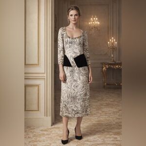 Carolina Herrera Paisley Velvet Waist Midi Dress L Neutral 3/4 Sleeve Scoop Neck